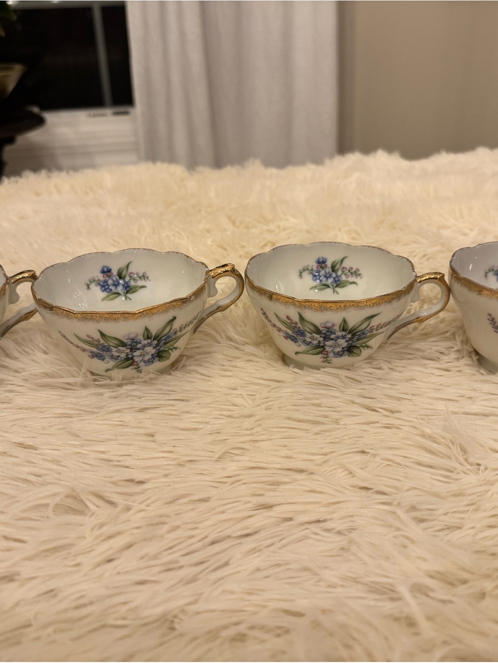 Delicate Floral Porcelain Tea Cup Set with Gold Trim - White with Blue Flowers
